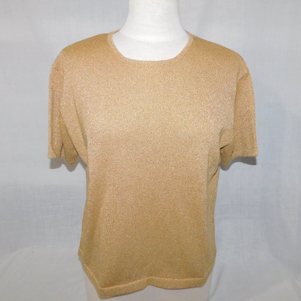 Vintage CLEO Sparkle Gold metallic Short Sleeve Shirt Top Womens L
